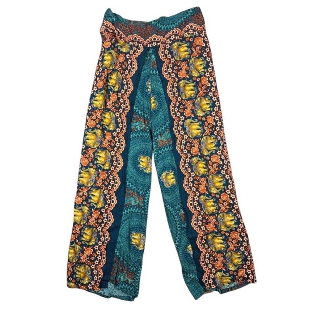 High Thai Womens Elephant Print Wide Leg Boho Pants Teal Orange Cotton Size M L‎